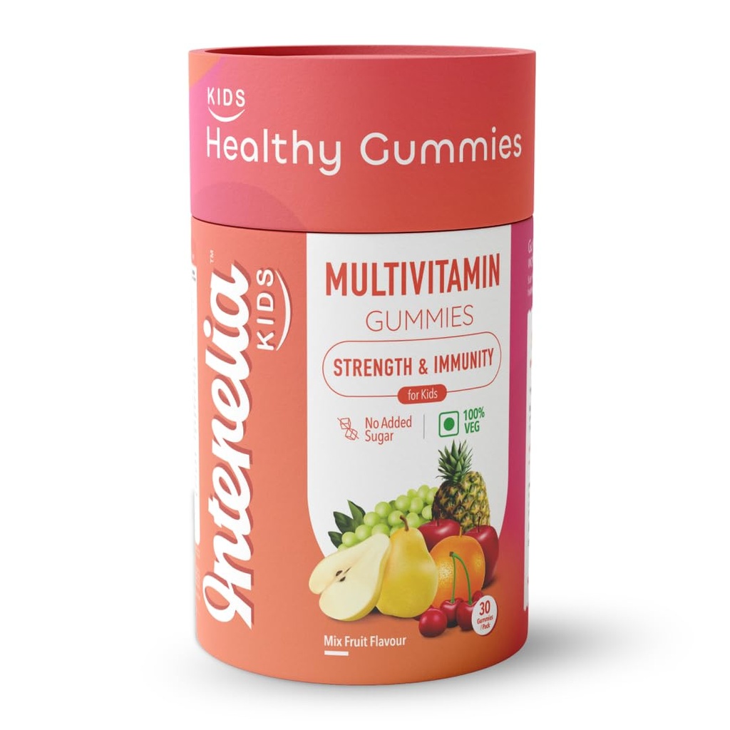 Interelia Kids Multivitamin Gummies – Complete Daily Nutrition | 30 Gummies | No Sugar | With DHA, Zinc, Iron, Vitamin A to E | Mix Fruit Flavour
