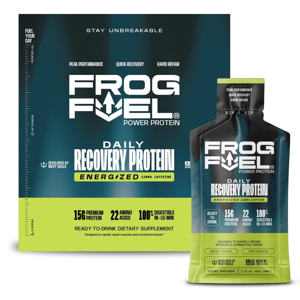 Frog Fuel Power Energized Protein Shot, 15g Protein Nano-Hydrolyzed Grass Fed Collagen, 120mg Koffein, Fat & Sugar Free, 22 Aminosäuren, 0 Carbs, Berry, 1 Unze Packets, 24 Pack