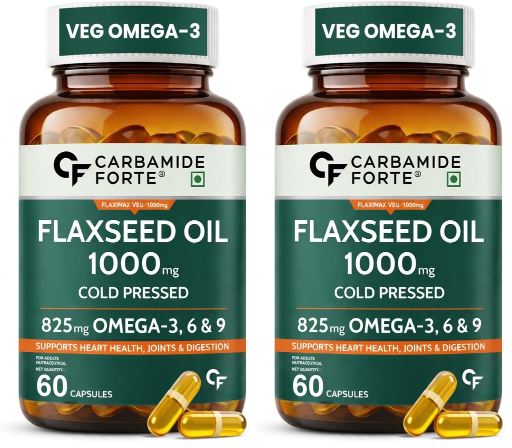 Carbamide Forte Flaxseed Oil Capsules – 1000mg Cold Pressed | Omega 3 Vegetarian Capsules | Flax Seed Oil with Omega 3, 6 & 9 | No Fishy Burps | Supports Heart Health, Joints & Digestion - 60 Capsules