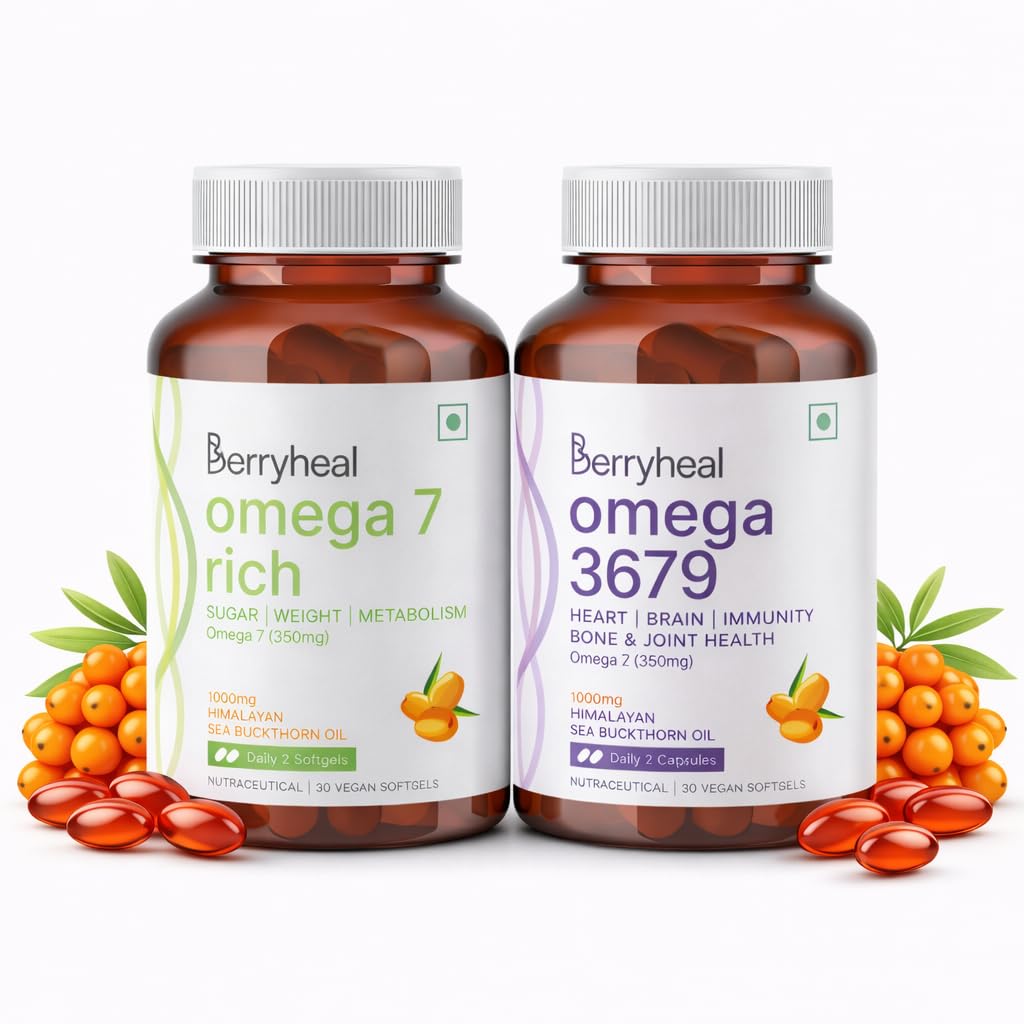 Omega 3679 & Omega 7 Prevents Blood Sugar Spikes & Supports Healthy Weight Management Whole-body Wellness 100% Vegan Sea Buckthorn Oil Capsules | Combo Pack of 2 | 60 Capsules – 500MG Each