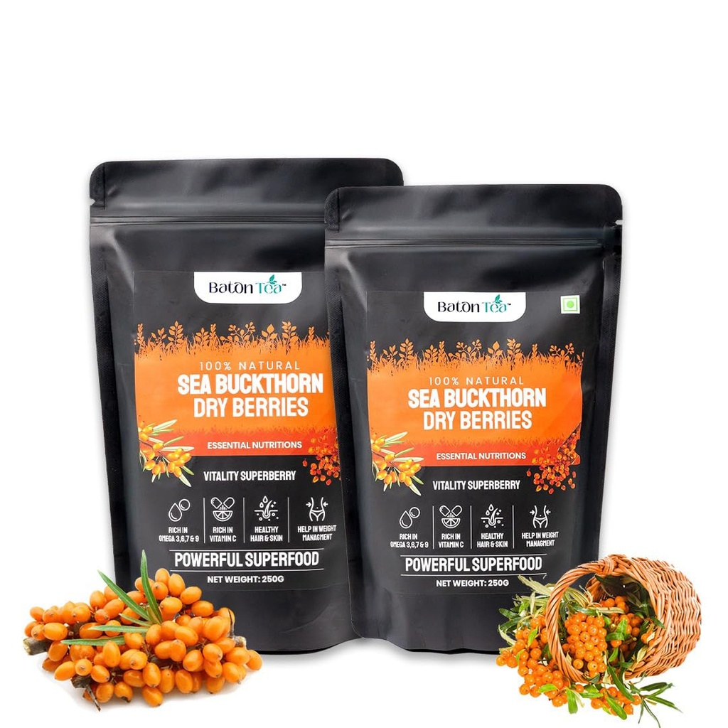 Baton Tea Sea buckthorn Dry Berry 250gm | Rich in fatty Acids Omega 3,6,7,9 | Collagen | Fiber | Sun Dried Seabuckthorn Berries | Multivitamin Vitamin C & E | Nourishes Skin & Hair |No Added Sugar or Preservatives | Pack of 2