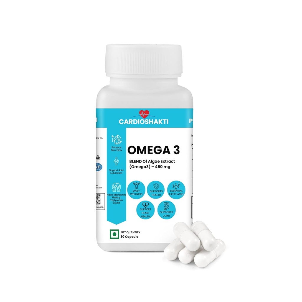 Cardio Shakti Premium Omega 3 Algae Extract 450 mg Vegan Capsules | Plant Based DHA & EPA Supplement for Heart, Brain, Eye & Daily Wellness | 30 Capsules