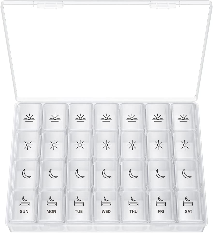 XL Pill Organizer 4 Mal pro Tag, BUG HULL Extra große wöchentliche Pille Box Case, 7 Tage Vitamin-Container täglich Pillenhalter für Cod-Liver Öl, Vitamine, Nahrungsergänzungsmittel (Weiß)