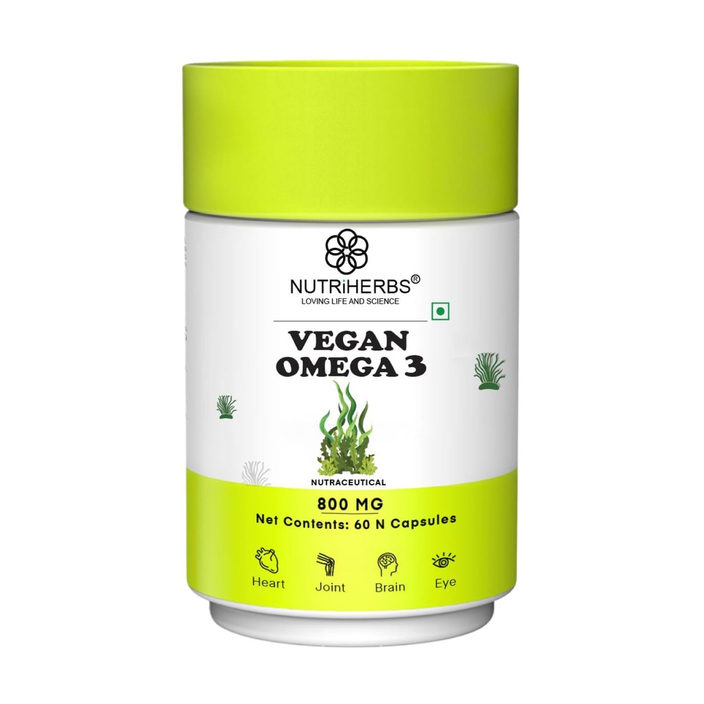 NUTRI HERBS Vegan Omega 3 Supplement (800mg) – Plant-Based Algae DHA & EPA Capsules for Joint Support - 60 Capsules for men & women