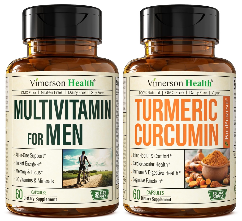 Vimerson Health Multivitamine pour hommes + Curcumine curcumine curcumine avec extrait de poivre noir. Soutien articulaire et immunitaire, soulagement du confort, propriétés antioxydantes pour lui