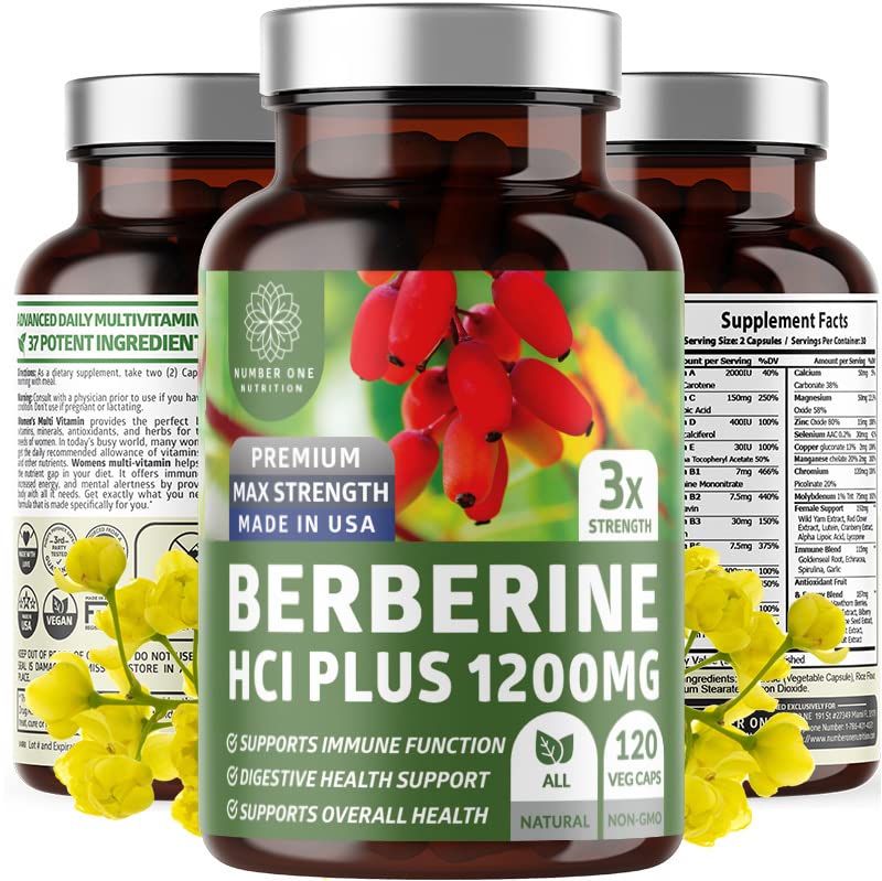 Numeri Uno Nutrizione N1N Premium Berberina Plus 120 Caps, 1200mg, Integratore Naturale Supporta Anti-invecchiamento, Salute Cellulare, Energia e Digestione