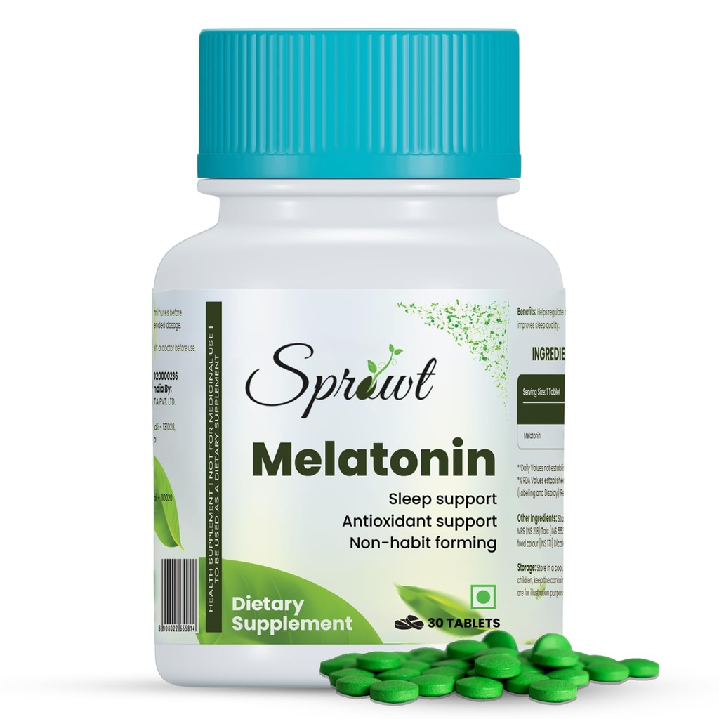Sprowt Melatonin 10mg Sleeping Tablets | Sleep Supplement, Antioxidant Support & Non-Habit Forming - 30 Veg Tablets