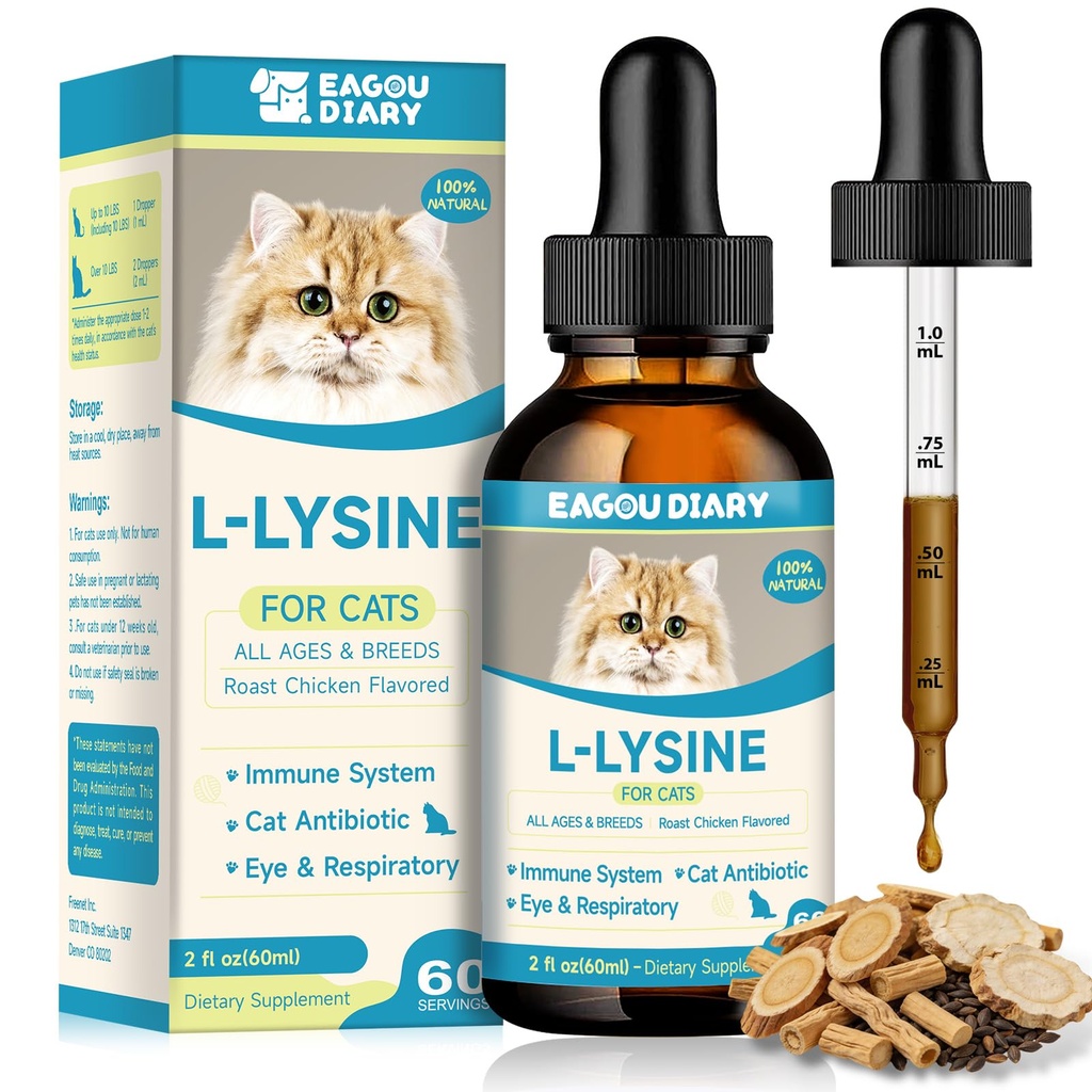 L-Lysine pour les chats,Lysine gouttes supplément de soutien immunitaire,Éternuer,Cold,Allergy Relief,Runny Nez,Féline respiratoire,Antibiotiques naturels pour les chats avec Colostrum,Taurine (Roast Chicken Flavor/2floz)