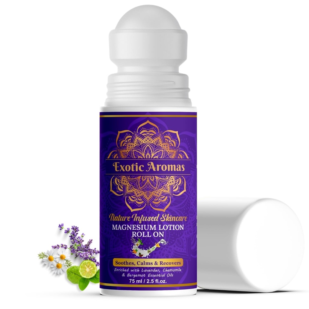 Exotic Aromas Magnesium Lotion Roll on, with topical magnesium chloride | Soothes Muscle Cramps| Promotes Good Sleep | Quick Post Workout recovery| Non Greasy-75ML