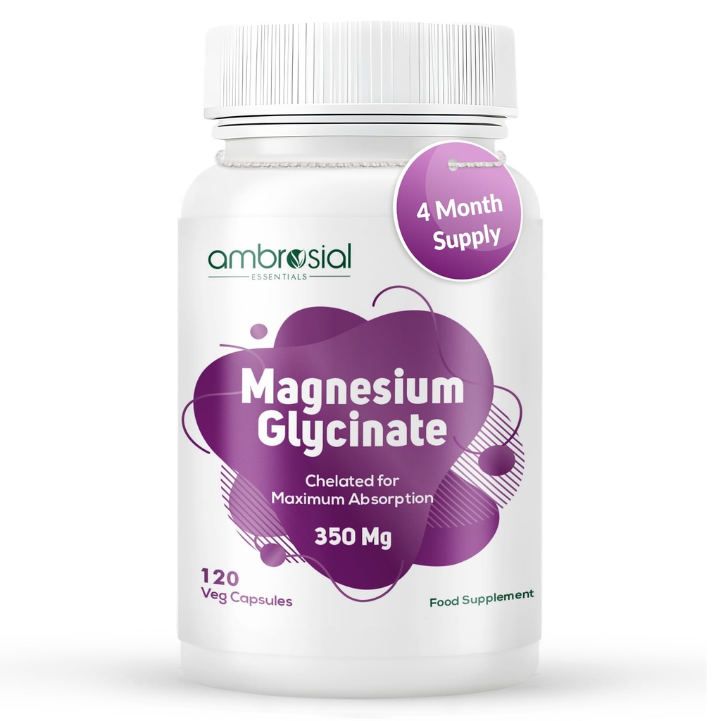 Ambrosial Magnesium Glycinate 350mg | High Absorption Magnesium Supplement for Enhanced Muscle and Nerve Function | Promotes Optimal Bone Health | Tiredness and Fatigue (Pack of 1-120 Capsules)