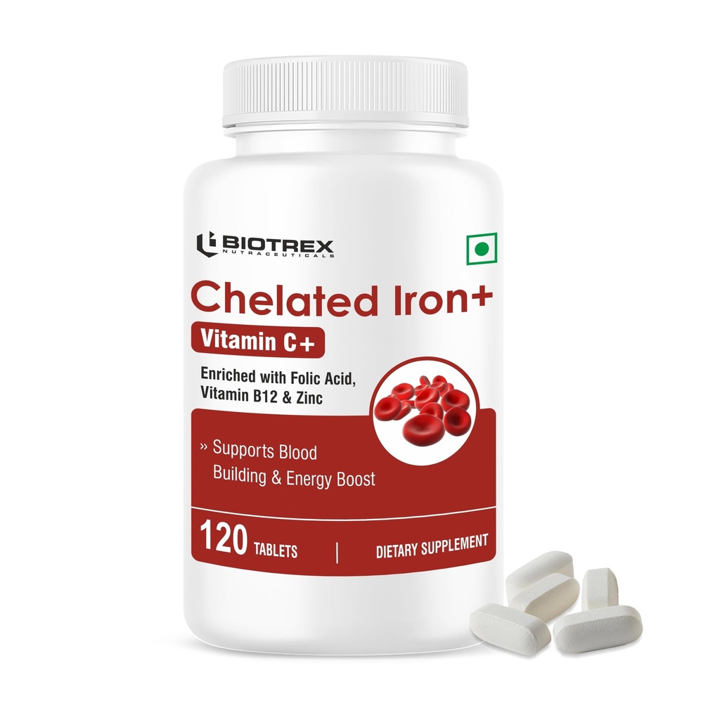 Biotrex Nutraceuticals Chelated Iron + Vitamin C, B12, Folic Acid & Zinc, Boost Hemoglobin Levels & Improves Concentration Levels, Energy & Blood Building - 120 Vegetarian Tablets
