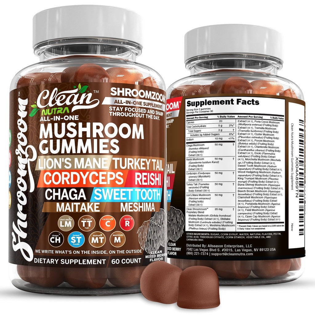 15in1 Mushroom Gummies con Lion's Mane Turkey Tail Cordyceps Reishi Chaga Sweet Toot Maitake Meshima Poria Cocos Shiitake Tremella, Oyster Agaricus Mushrooms for Men and Women