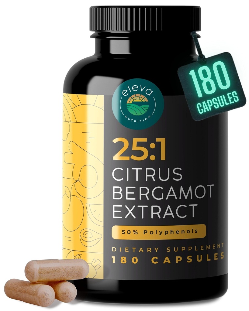 Citrus Bergamotte Extrakt 1000 mg Kapseln — Natürliche 25:1 Citrus Bergamotte Ergänzung mit 50% Polyphenole Extrakt und Schwarz Pfeffer — Natürliche Formel Vegan und Non-GMO — 180 Kapseln