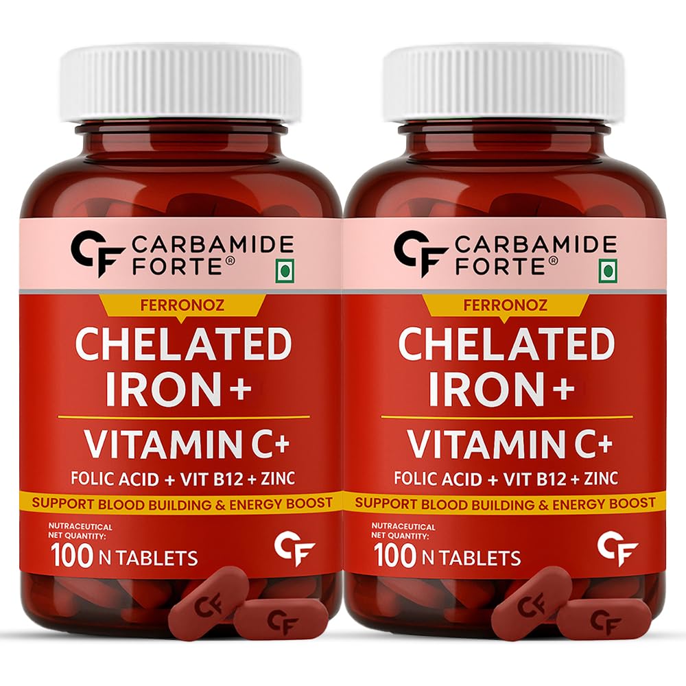 Carbamide Forte Chelated Iron + Vitamin C, B12, Folic Acid & Zinc - 100 Veg Iron Tablets (Pack of 2)