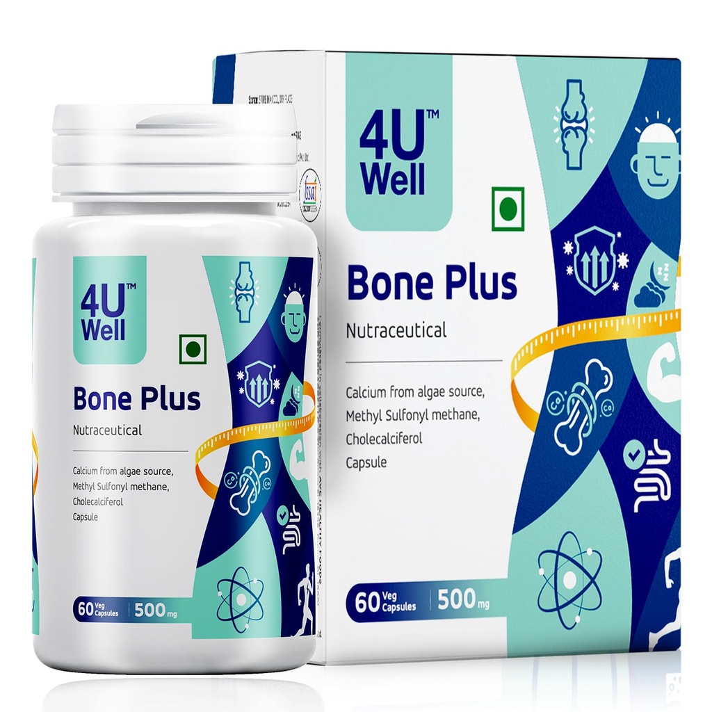 4UWell Bone Plus Capsules 500mg | Bone Health & Joint Support Supplement | Improves Mobility, Strength & Flexibility | Calcium Formula for Bones, Muscles & Joints | 60 Capsules