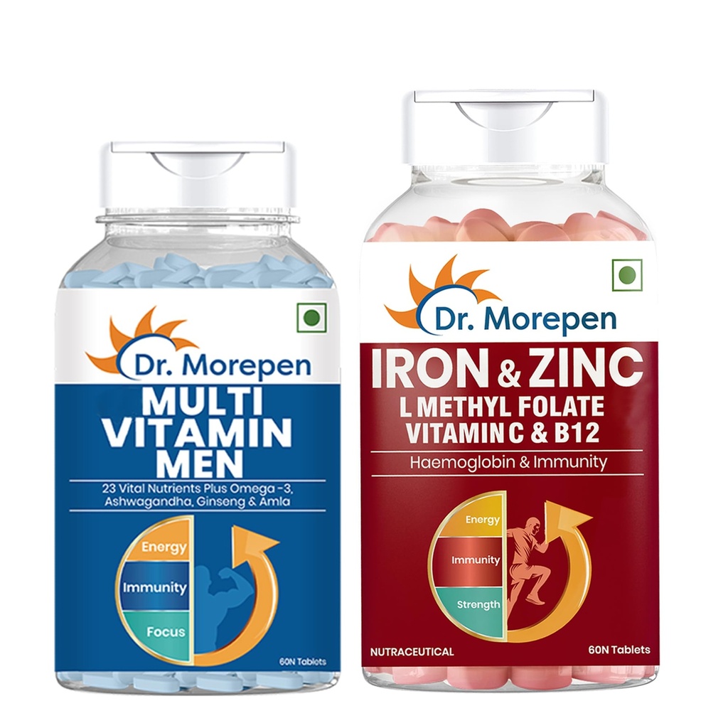 Dr. Morepen Iron & Zinc Tablets with Vitamin C & B12 + Multivitamin for Men with Zinc, Vitamin C, Vitamin D3, Biotin & Essential Minerals | Daily Wellness & Nutrition Combo