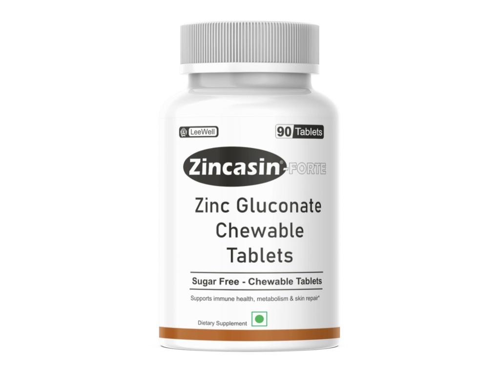 Zincasin Forte (LeeWell) Zinc Gluconate Chewable Candy | Zinc Supplements for Immune Support, Skin Health, Hair & Nail Maintenance | Metabolism Support | Daily Zinc Mineral Supplement - 90 Tablets