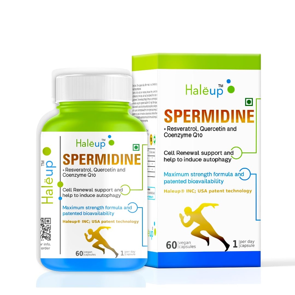 Haleup 99% Spermidine Trihydrochloride with Resveratrol| For Healthy Ageing | Autophagy| Cell Renewal | Immunity| Skin and Hair | Cognitive Support (4 pack X 60s count)