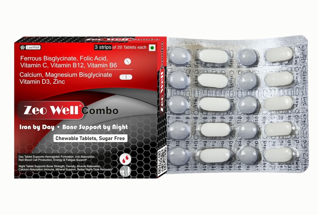 Combo (LeeWell) Chewable folic acid tablets for women | Iron supplement with Vitamin C & Vitamin B12, B6 | Calcium and vitamin d3 | magnesium zinc | Haemoglobin, Fatigue, Anemia support Blood, Bone Building - 60 Sugar Free