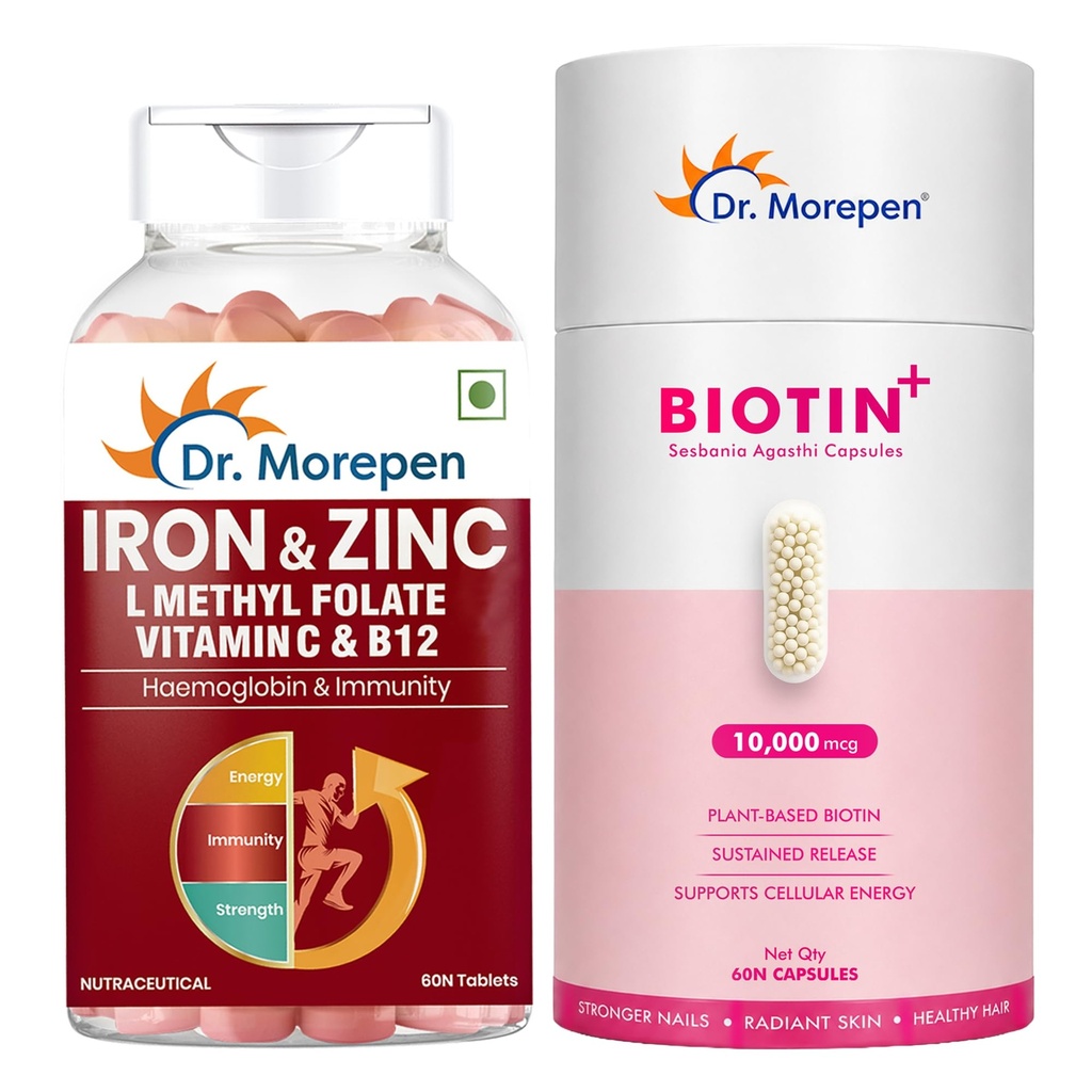 Dr. Morepen Biotin+ 10,000 mcg with Pure Sesbania Agasthi Extract + Iron & Zinc Tablets with Vitamin C & B12 | Hair, Skin, Nails & Daily Nutrition Wellness Combo for Men & Women
