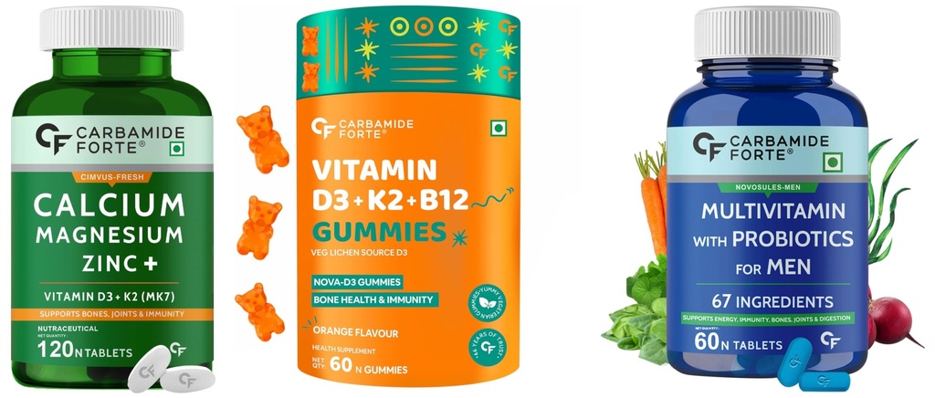 Carbamide Forte Health Set - Calcium-Magnesium-Zinc (120 Tablets) + Vitamin D3-K2-B12 Gummies (60pcs, Mango) + Men's Multivitamin (60 Tablets) | Complete Nutrition