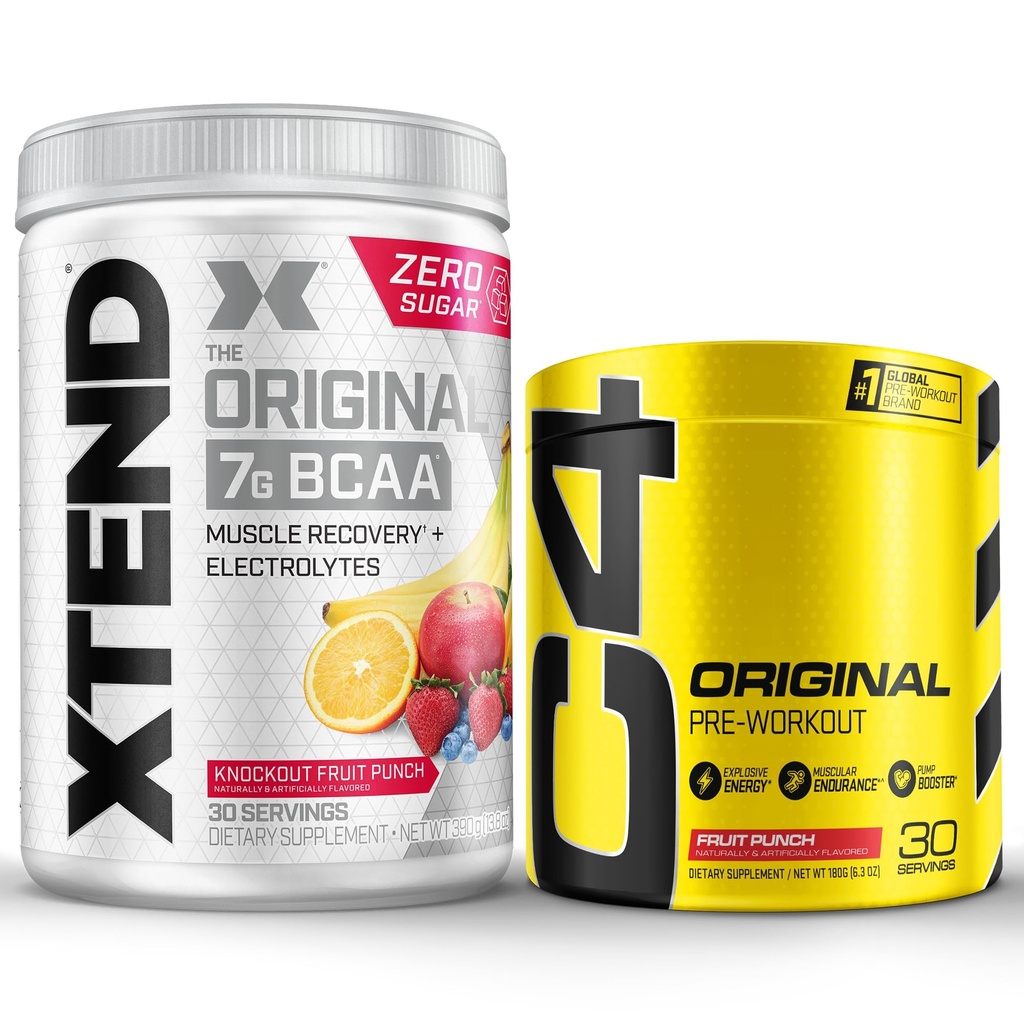 Cellucor Pre Workout & BCAA Bundle, C4 polvere pre allenamento originale, Punch di frutta, 30 Serve + polvere di BCAA XTEND, Punch di frutta Knockout, 30 Serve
