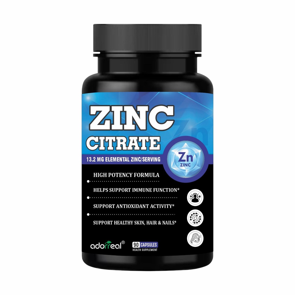 Adoreal Zinc Citrate Capsules | Provides 13.2 mg Elemental Zinc | Daily Dietary Supplement | 90 Capsules