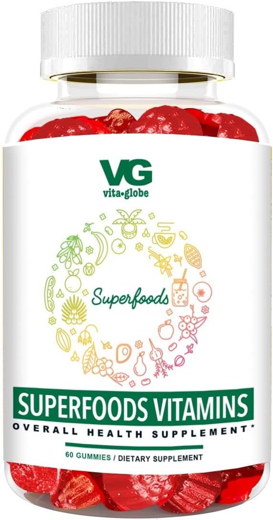 VITA GLOBE Superfood Gummy Vitamine – Immun-Gesundheit & Antioxidante Unterstützung – Tägliche Wellness-Gummi für Erwachsene & Kinder – Vegan, Non-GMO, Gluten Free Superfood Supplement – 60 Count