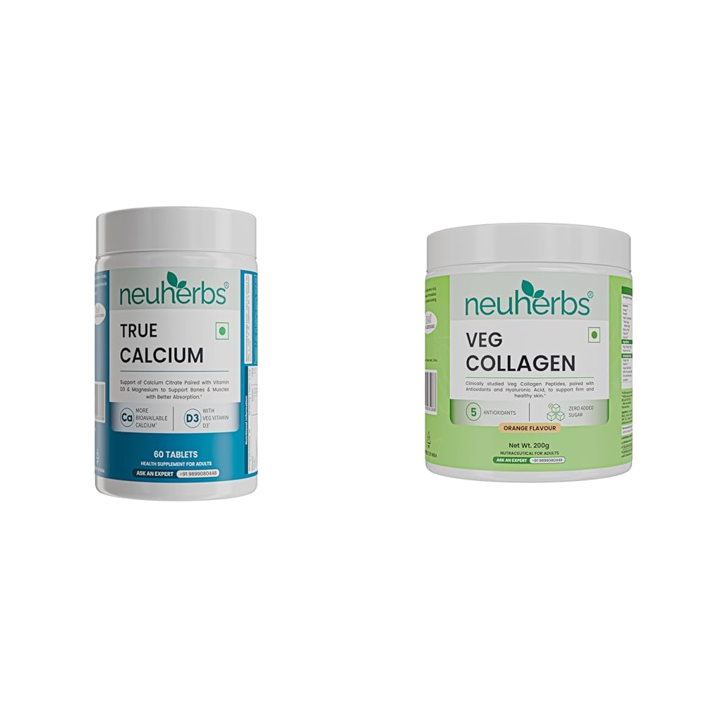 Neuherbs Calcium Tablets for Men & Women | True Calcium With Vitamin D3 & Magnesium | Supports Bon | Neuherbs Collagen Supplement Powder | Veg Collagen Peptides for Men & Women | With Hyaluronic Acid
