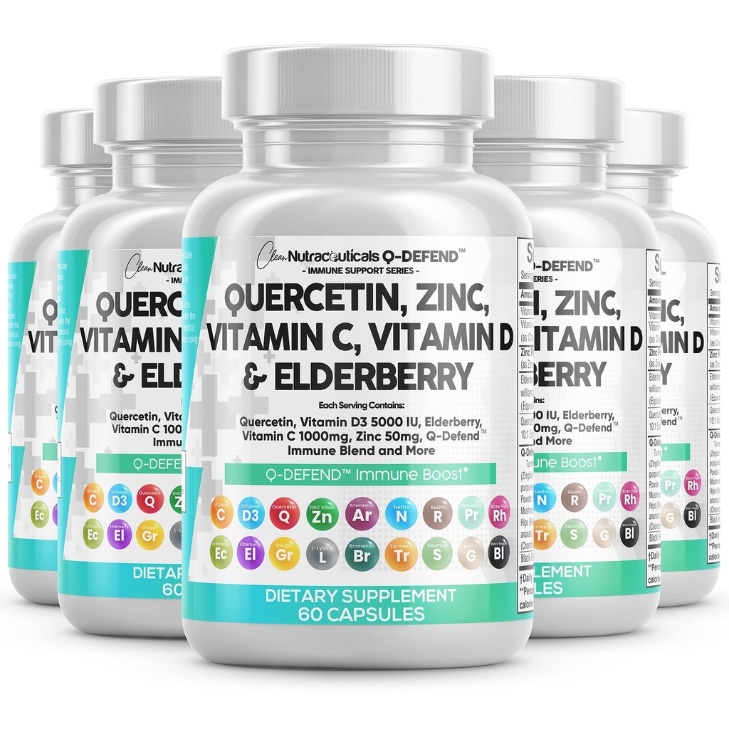 Pulire Nutraceuticals Quercetin Zinc Vitamin C Vitamina D Bromelain Elderberry - Lung Immune Support Supplemento Adulti con Artemisinina, Moss Mare, Echinacea, Allergy Relief (60 Conteggio (Pack of 5))