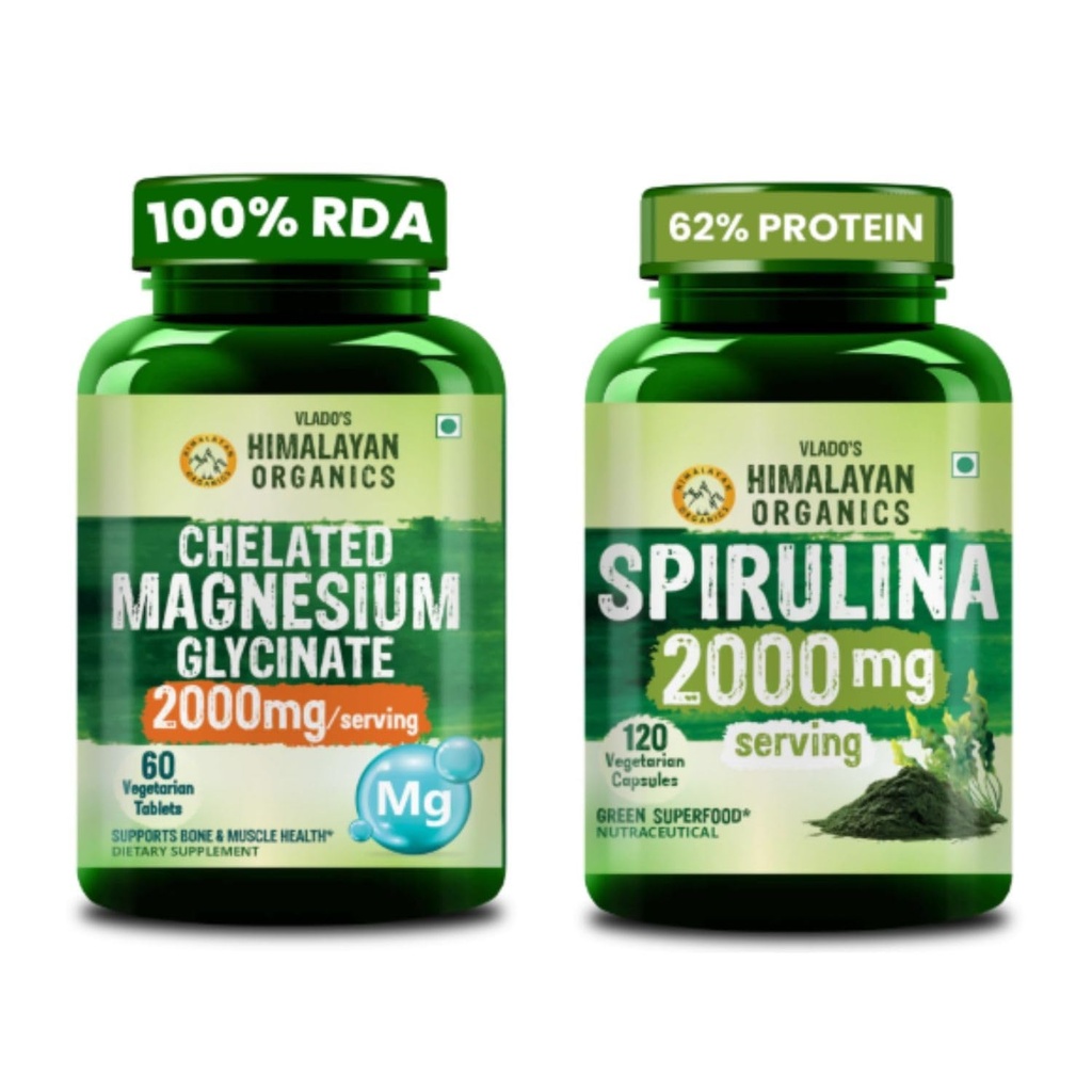 Vlado's Himalayan Organics Magnesium Glycinate 2000mg + Spirulina 2000mg | Muscle Support, Relaxation, Energy, Immunity & Daily Green Superfood | Veg Supplement Combo