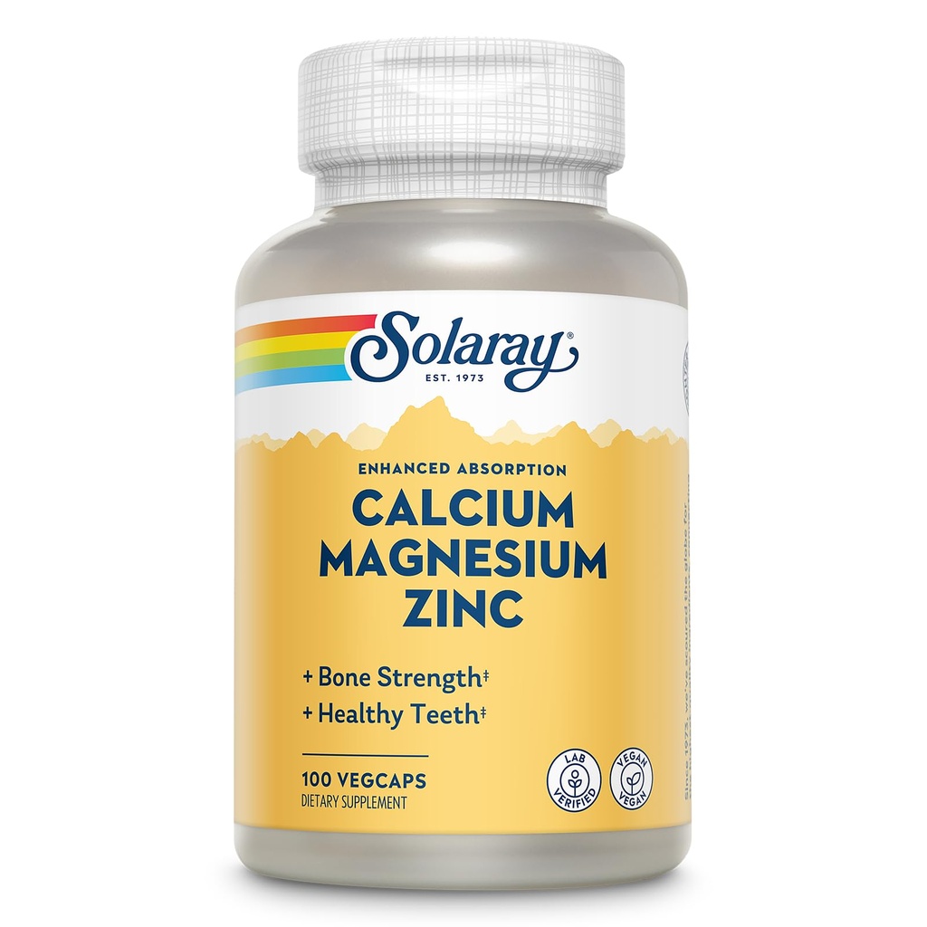 SOLARAY Calcium Magnesium Zinc Supplemento - con Calcium 1000mg, Magnesio 500mg - Bone Salute, Funzione Muscolare, Salute Del Cuore e Supporto Immune - Vegan, Garanzia di 60 giorni, 25 Serve, 100 VegCaps