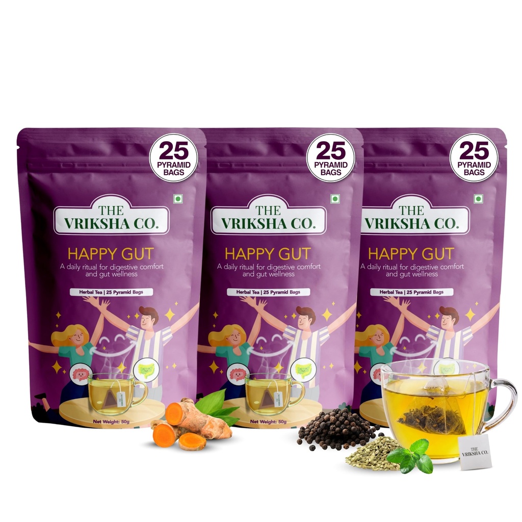 The Vriksha Co. Happy Gut Green Tea for Weight Loss, Gas, Heaviness, Bloating, Digestion, & Metabolism | Ashwagandha, Lemon Grass, Tulsi, Turmeric | Herbal Tea | 75 Plant-Based Pyramid Tea Bags | 150g (Pack of 3)