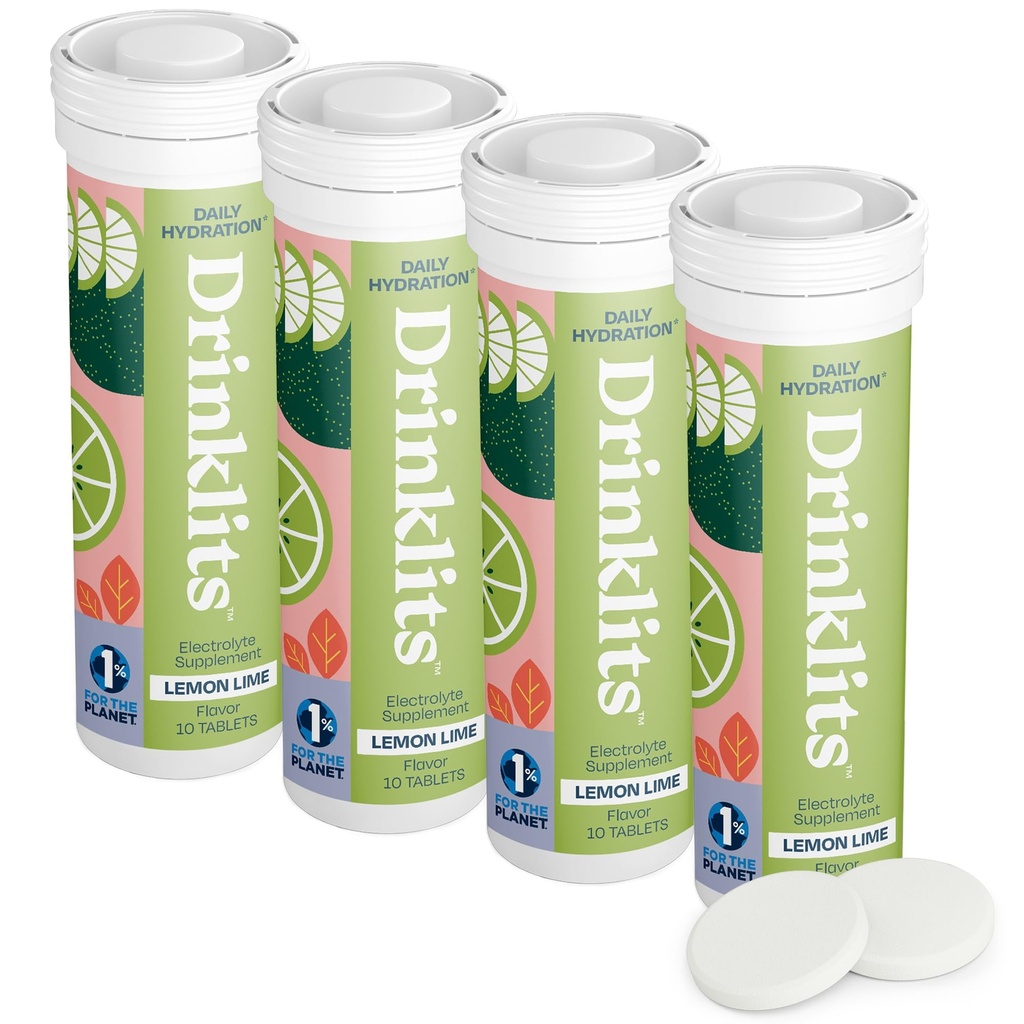 Drinklits Lemon-Lime Täglich Elektrolyt Trinktabletten (4) Tube Bundle | Natural Sports Drink – 0g Sugar – Ausgezeichnet Flavor | 40 Servierungen - 10 Tablets pro Tube