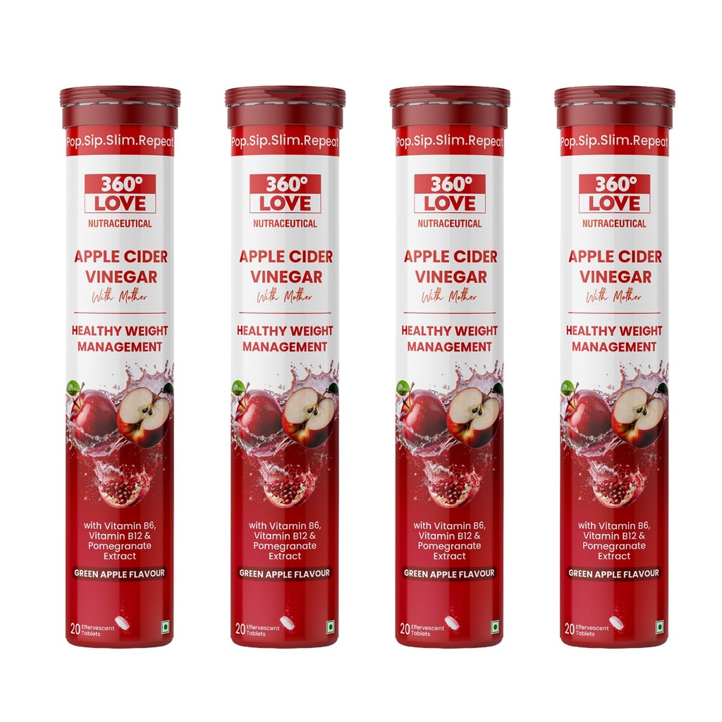 Apple Cider Vinegar Tablets with Mother | Improves Metabolism Promotes Glowing Skin Supports Detoxification Vitamin B6, B12 & Pomegranate Extract 20 Effervescent Tablets (Pack of 4, Green Apple)