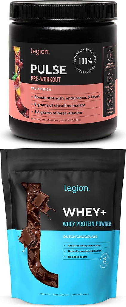 LÉGION Pulse Pre Workout Supplement (Fruit Punch) Whey Protein Powder Chocolate - Whey+ Isolate Protein Powder
