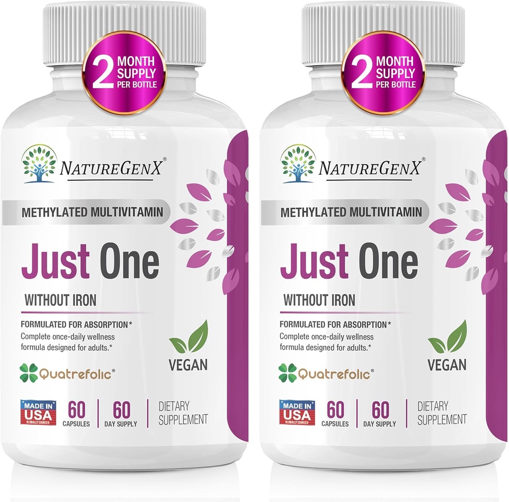 Just One Daily Methylated Multivitamin with Methyl B12, Quatrefolic Methylfolate, Pure MTHFR Supplement für Männer und Frauen ohne Eisen, 2 Flaschen (60 Vegan Capsules), USA-Made