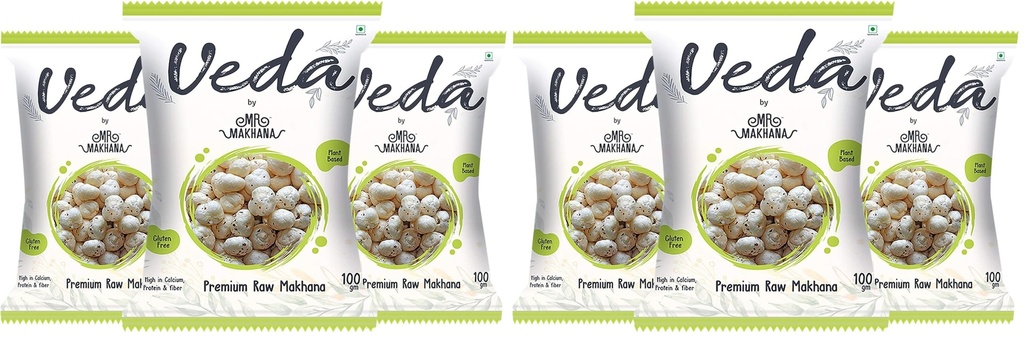 Mr. Makhana Veda Premium Plain & Raw Phool Makhana & Foxnuts : Plant Based, Gluten Free, High in Calcium, Protein & Fiber (100 Gms) (Pack of 6)