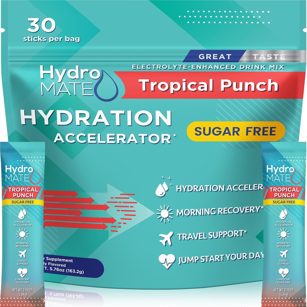 Electrolyte Powder Sugar-Free Hydration Packets Tropical Punch HydroMATE 30 Sticks