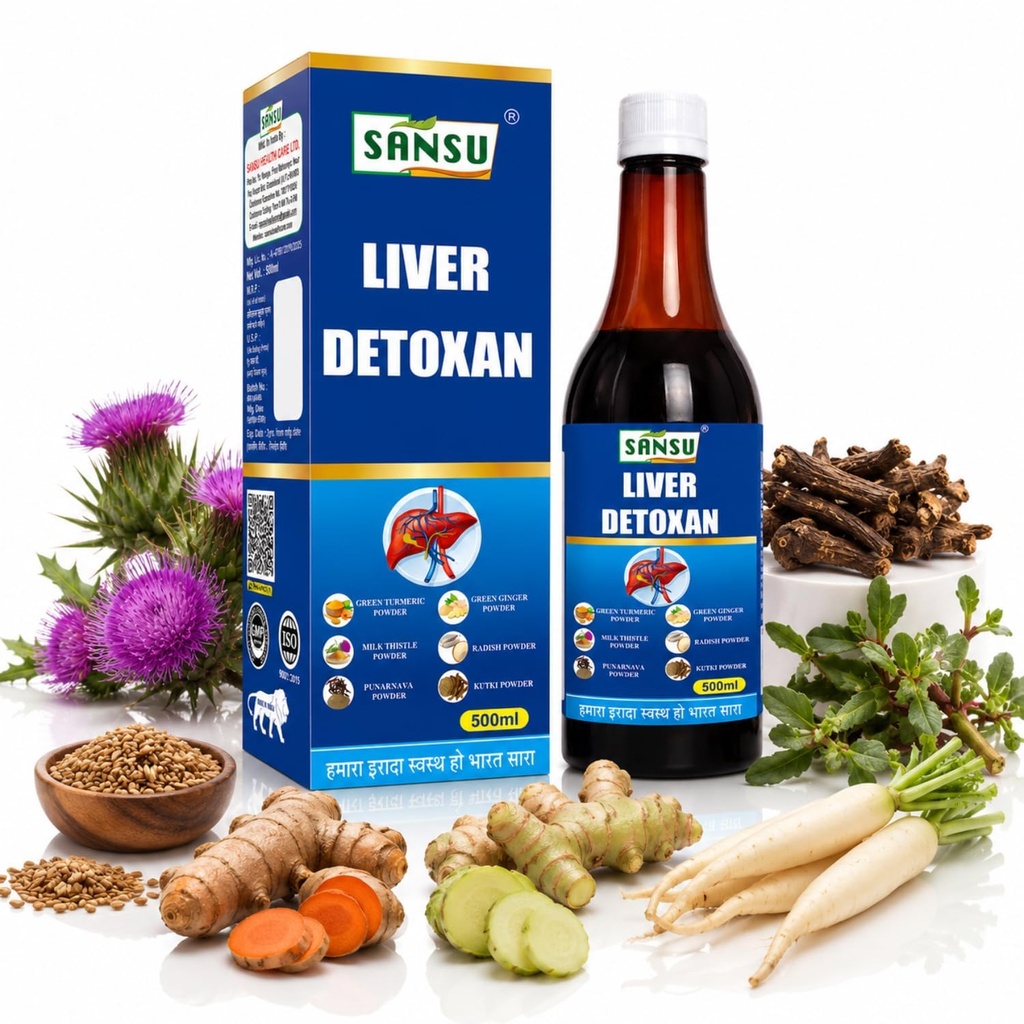 Sansu Liver Detoxan Juice - 500ml | Advanced Liver Cleanse & Detox Formula | With Milk Thistle, Radish Powder, Kutki, Punarnava & Green Turmeric | Anti-oxidant Rich Supplement With 6 Ayurvedic Herbs | Liver Care Supports Fatty Liver Management & Detoxn | 100% Natural & Sugar-Free