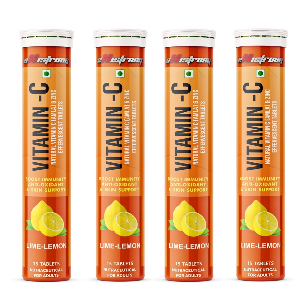 Vitamin C with Zinc & Amla Extract – Lemon Flavor Effervescent Tablets for Immunity & Collagen Support – Healthy Skin, Hair & Nails – Multivitamin Supplement (Pack of 4, 60 Tablets)