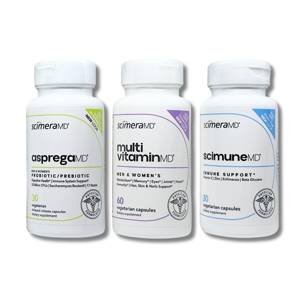 ScimeraMD® AspregaMD 30CT Probiotic + Prebiotic, ScimeraMD® ScimuneMD 30CT Immune Support et ScimeraMD® MultivitaminMD Multiminéraux pour la santé digestive, le soutien du système immunitaire et le bien-être