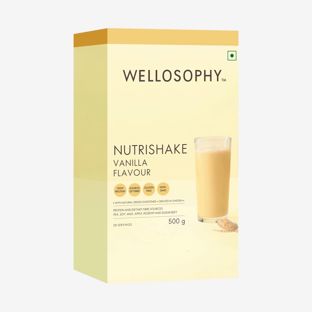 Wellosophy Nutrishake Natural Vanilla Flavour Protein Powder | High Protein and Fibre Nutrition Shake | Whey Soy and Pea Protein | Gluten Free Vegetarian (500g)