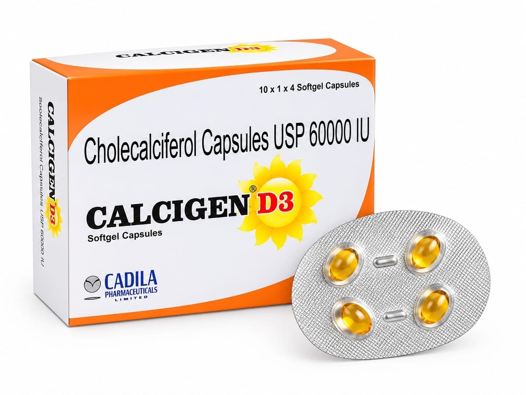 Calcigen D3 60000 IU Cholecalciferol Softgel Capsules | Vitamin D3 Supplement for Bone & Teeth Health, Calcium Absorption, Immunity & Muscle Function | 5 x 1 x 4 Softgels (once a week)