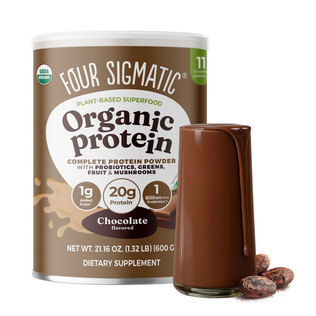 Quattro Sigmatic Organic Plant-Based Protein Creamy Cacao Protein con Lion’s Mane, Chaga, Cordyceps e More | Clean Vegan Protein Elevated for Brain Function and Immune Support | 21.16 oz
