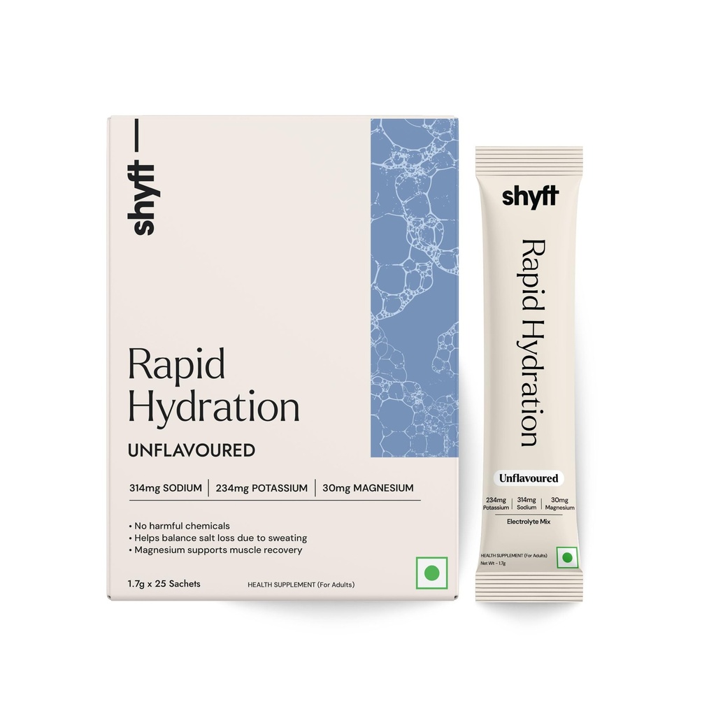 Shyft Rapid Hydration - Unflavoured | 25 Sachets | Right sodium, potassium, magnesium mix for Instant Hydration | Zero Sugar | Zero Calories | Absolutely no harmful chemicals