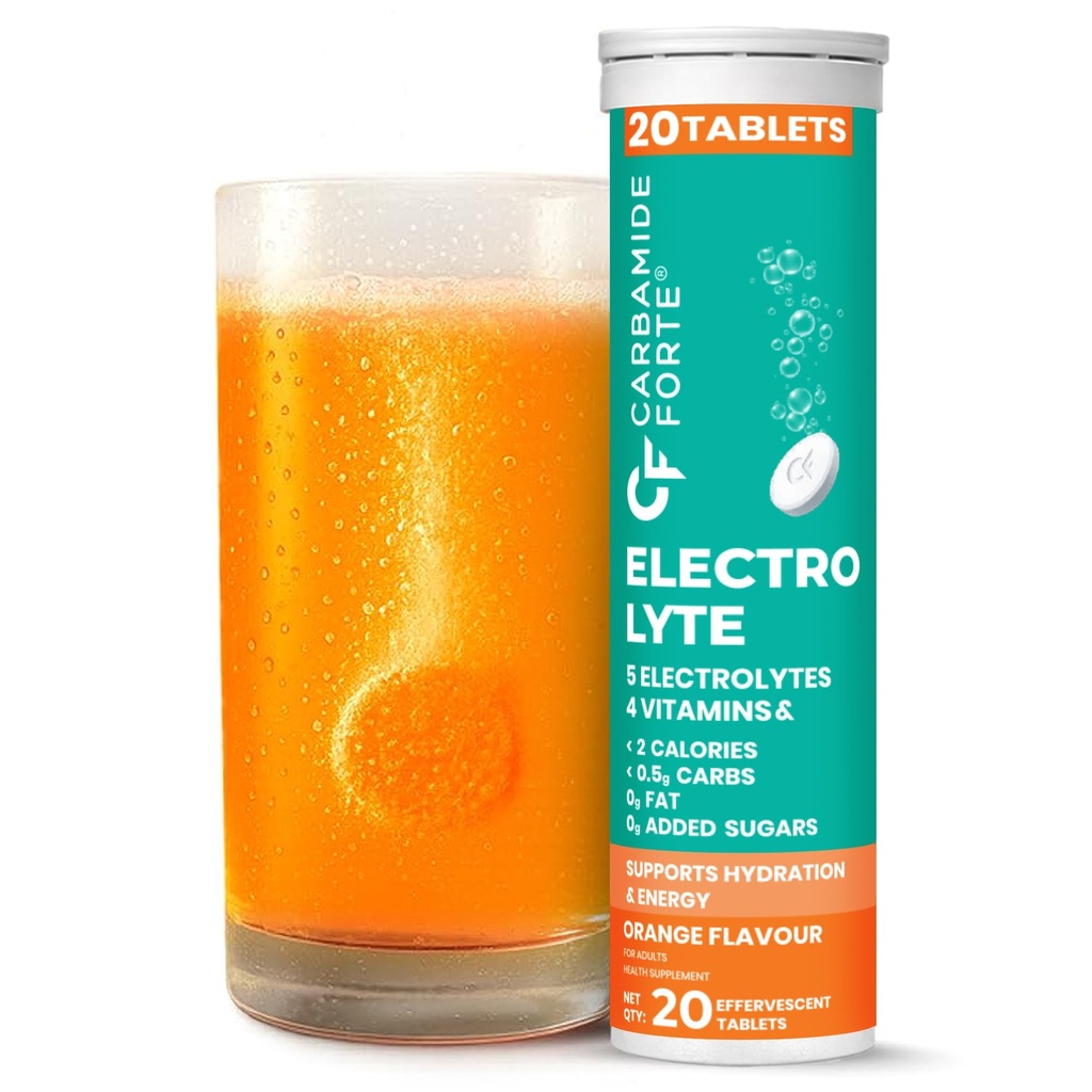 Carbamide Forte Electrolyte Supplement with Zero Added Sugar | Electrolyte Hydration Tablets for Sustained Energy with 5 Essential Electrolytes No Sugar, Low Calorie Hydration | Added L-Glutamine & Taurine, Vitamin C & B-Complex | Orange Flavour | 20 Effervescent Tablets