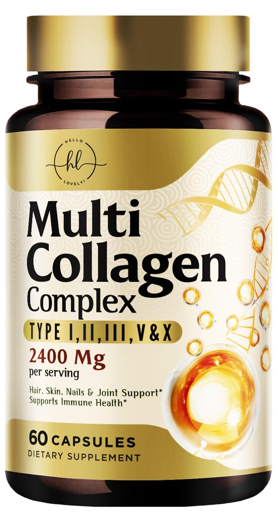 Multi Collagen Peptide 2400mg für Damen – Bester hydrolysierter Kollagenkomplex mit 5 Arten (I, II, III, V, X) - Gras Fed - Haar, Haut, Nagel, Knochen & Gelenkunterstützung für Beauty & Wellness – 60 Kapseln