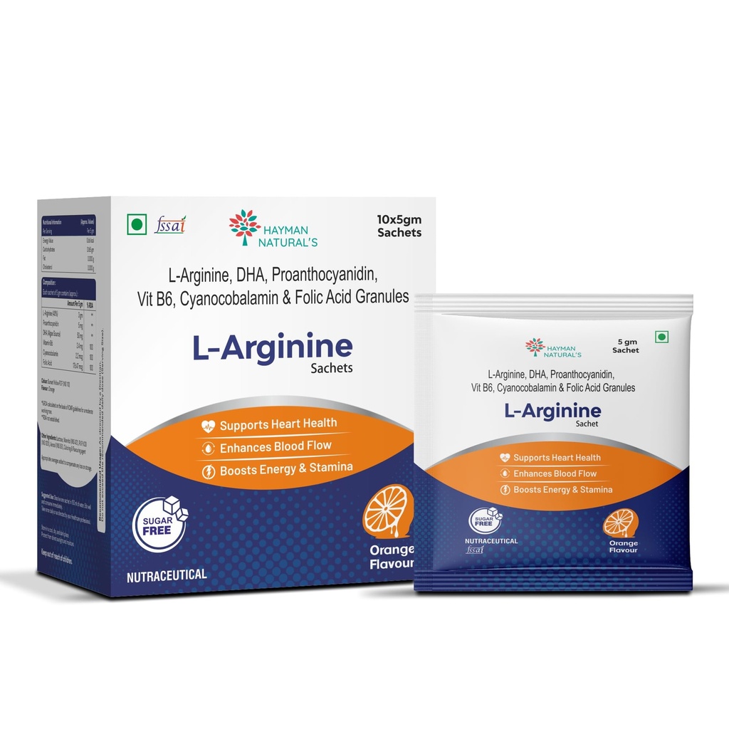 Hayman Natural's L-Arginine Powder Sachets - Sugar Free, L-Arginine Supplement Powder for Pre-Workout, Muscle Recovery & Stamina for Men & Women, Orange Flavour, 5g, 10 Sachets