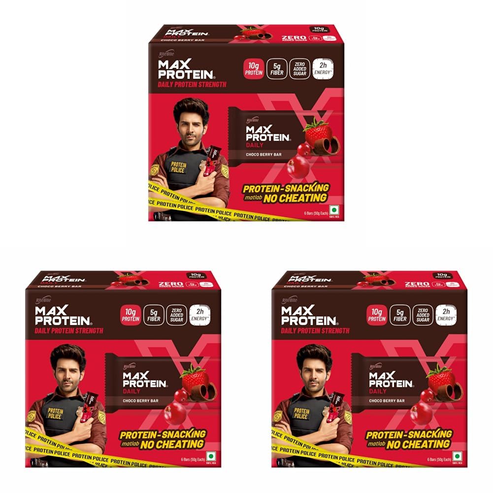 RiteBite Max Protein Daily Choco Berry Protein Bars with 10g Protein, 5g Fiber & 21 Vit. & Minerals | 0 Added Sugar, No Cholesterol & Trans Fat For Upto 2h of Energy, Healthy Snack, 50g (Pack of 18)